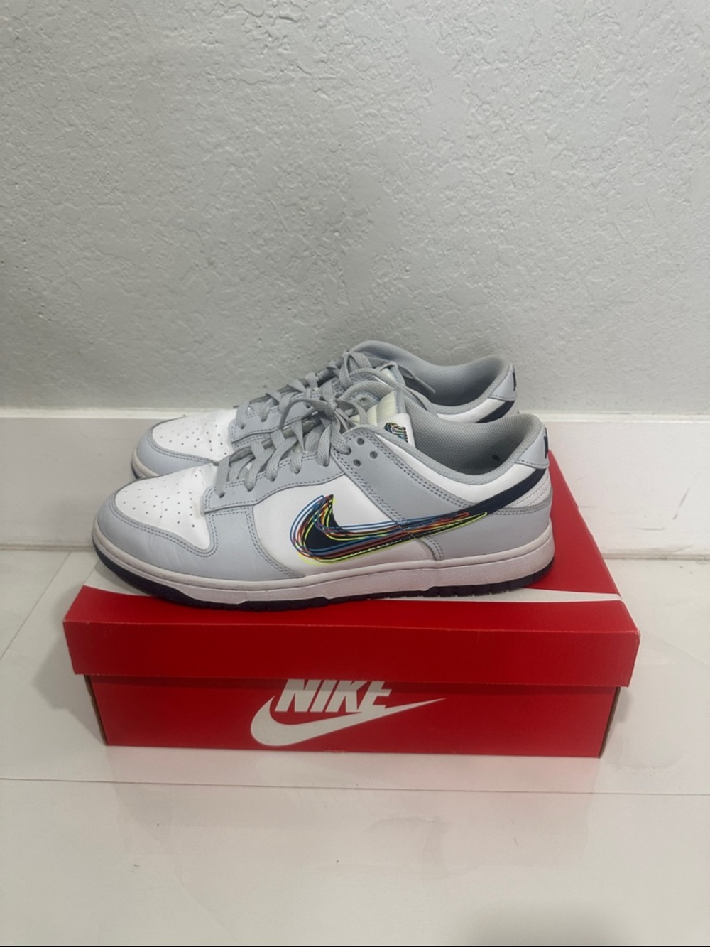 Nike White and Light Gray Low Top Sneakers with Multicolor Swoosh